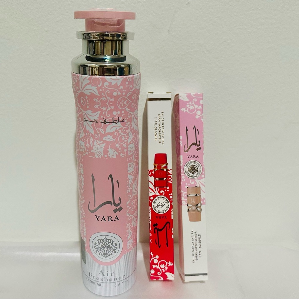 Yara Air Freshener and 2 perfumes Pink and Red
